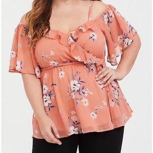 PEACH FLORAL CHIFFON COLD SHOULDER TOP